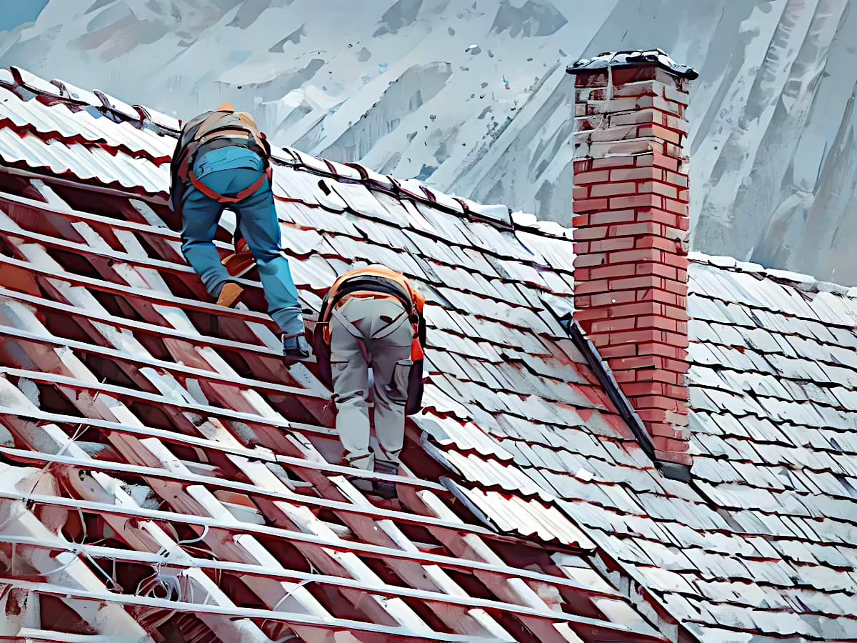 Roofing contractors working on covering ADU unit's roof with tiles